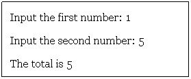 Text Box: Input the first number: 1
Input the second number: 5
The total is 5
