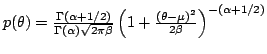 $ p(\theta)=\frac{\Gamma(\alpha+1/2)}{\Gamma(\alpha) \sqrt{2\pi \beta}} \left( 1+\frac{(\theta-\mu)^2}{2 \beta} \right)^{-(\alpha+1/2)}$