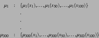 \begin{eqnarray*}
\mu _1&:&\{\mu _1 (x_1 ), \ldots , \mu _1 (x_{50} ), \ldots , ...
...), \ldots , \mu_{300} (x_{50} ), \ldots , \mu_{300} (x_{100} )\}
\end{eqnarray*}